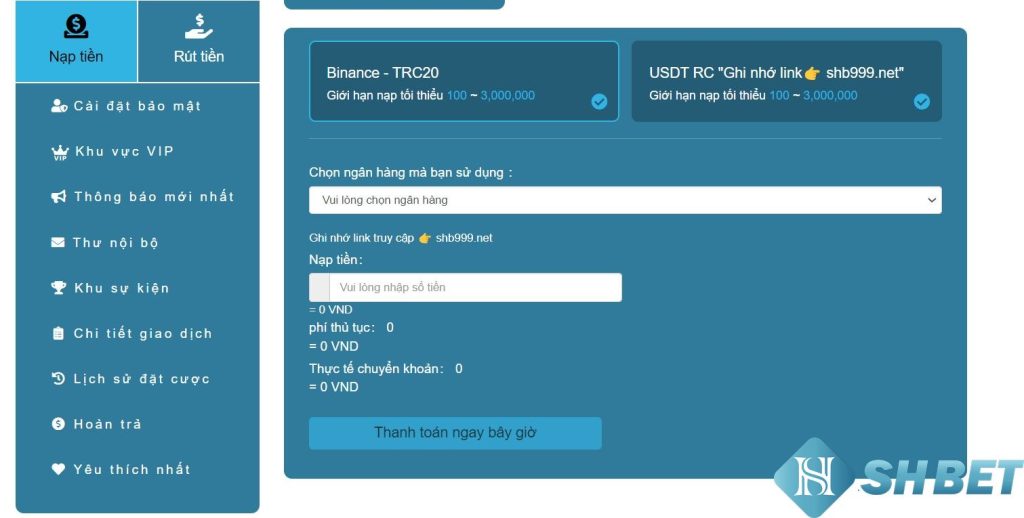 Chuyển khoản USDT để nạp tiền Shbet 